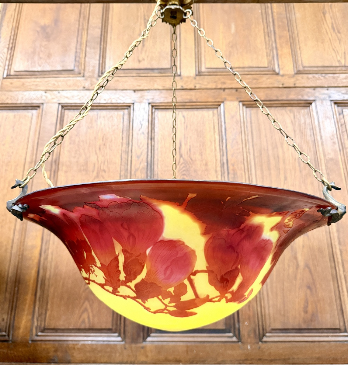 Emile Gallé - grand Plafonnier ou vasque à Décor de magnolias, lustre époque Art Nouveau -photo-4