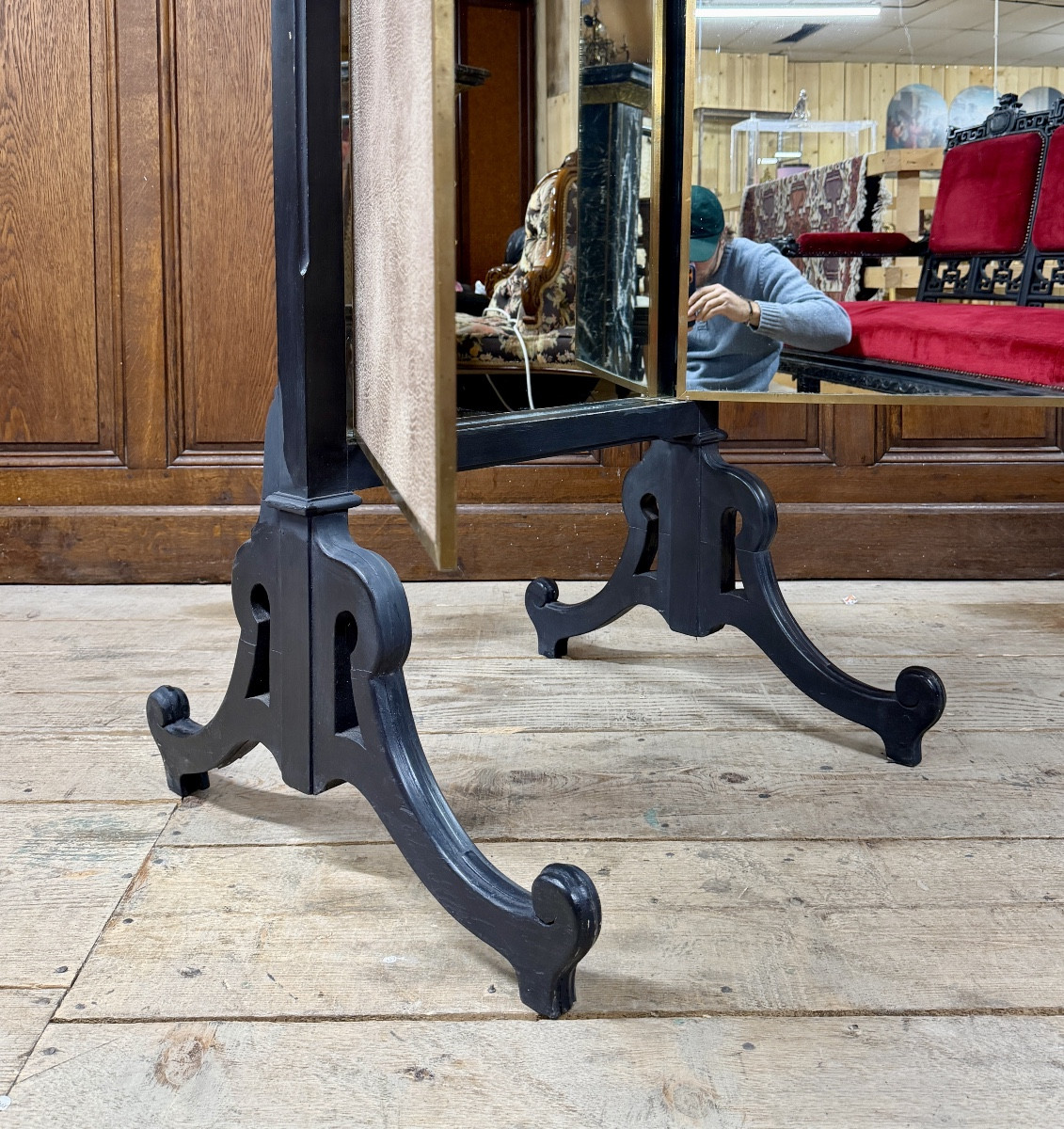 Miroir Brot sur pieds, miroir triptyque en bois noirci et laiton, époque Art Déco-photo-1