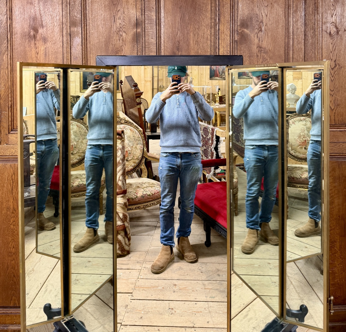 Miroir Brot sur pieds, miroir triptyque en bois noirci et laiton, époque Art Déco-photo-2