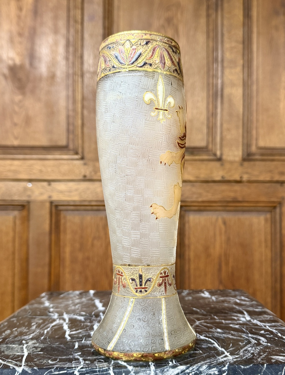 Daum Nancy - Rare Art Nouveau Enameled Vase With Heraldic Lion -photo-2
