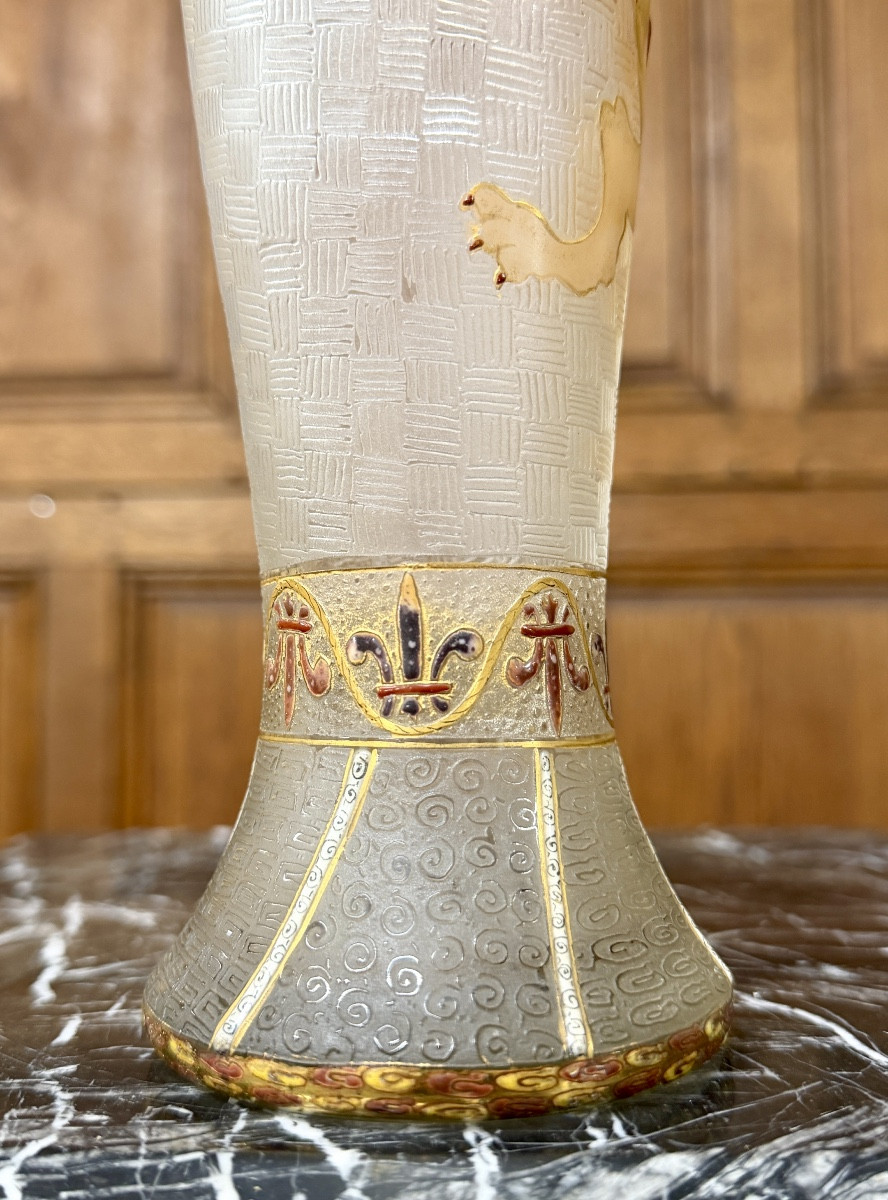 Daum Nancy - Rare Art Nouveau Enameled Vase With Heraldic Lion -photo-4