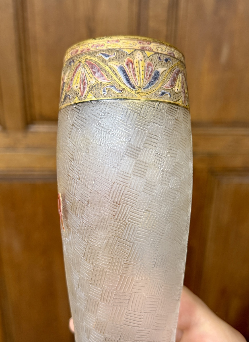 Daum Nancy - Rare Art Nouveau Enameled Vase With Heraldic Lion -photo-6