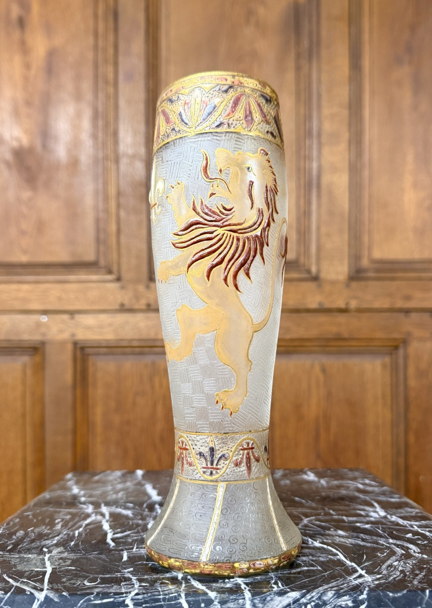 Daum Nancy - Rare Art Nouveau Enameled Vase With Heraldic Lion 