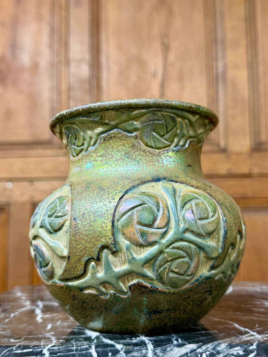 Zsolnay Factory In Pécs, Glazed And Iridescent Ceramic Vase. Art Nouveau Work, Circa 1900-photo-4