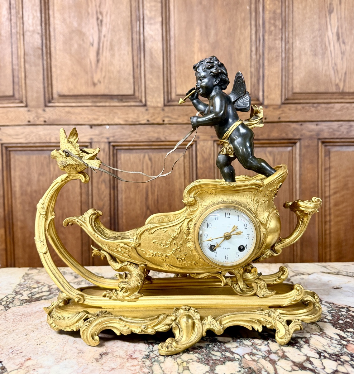 Pendule rocaille au char et à l’enfant en bronze doré, Époque Napoléon III-photo-2