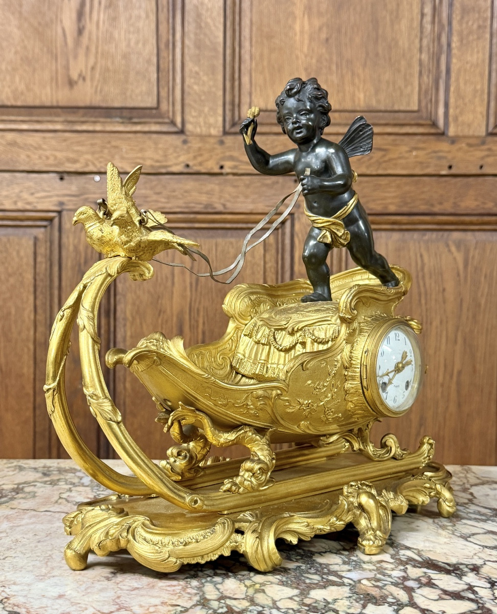 Pendule rocaille au char et à l’enfant en bronze doré, Époque Napoléon III-photo-7
