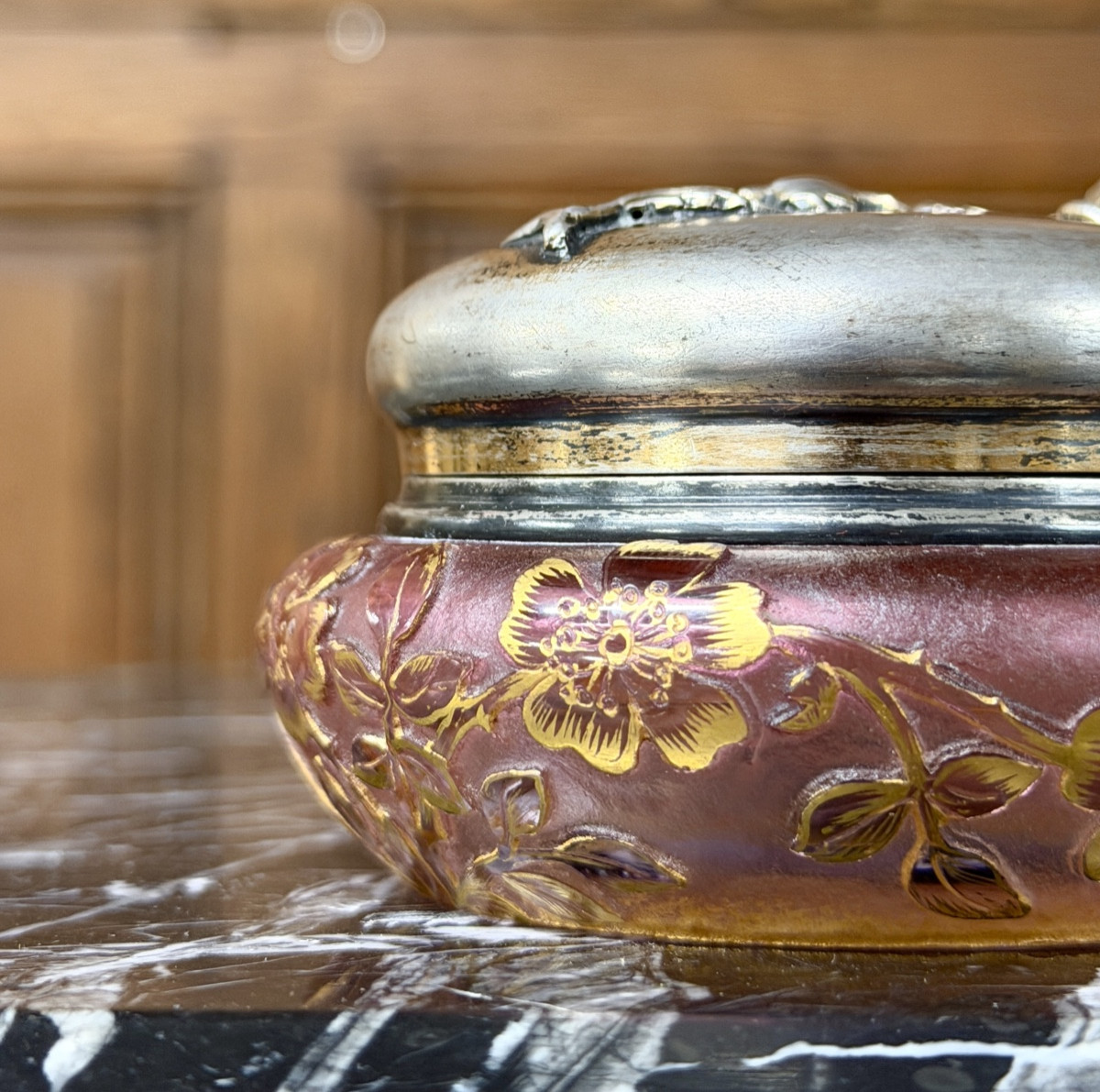 Daum Nancy - petite boîte miniature couvercle argent, décor de roses. Époque Art Nouveau-photo-3