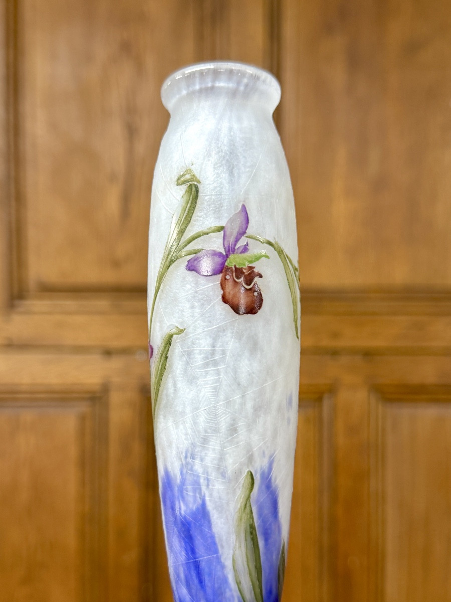 Daum Nancy - rare vase aux toiles d’araignées et orchidées. Époque Art nouveau-photo-3