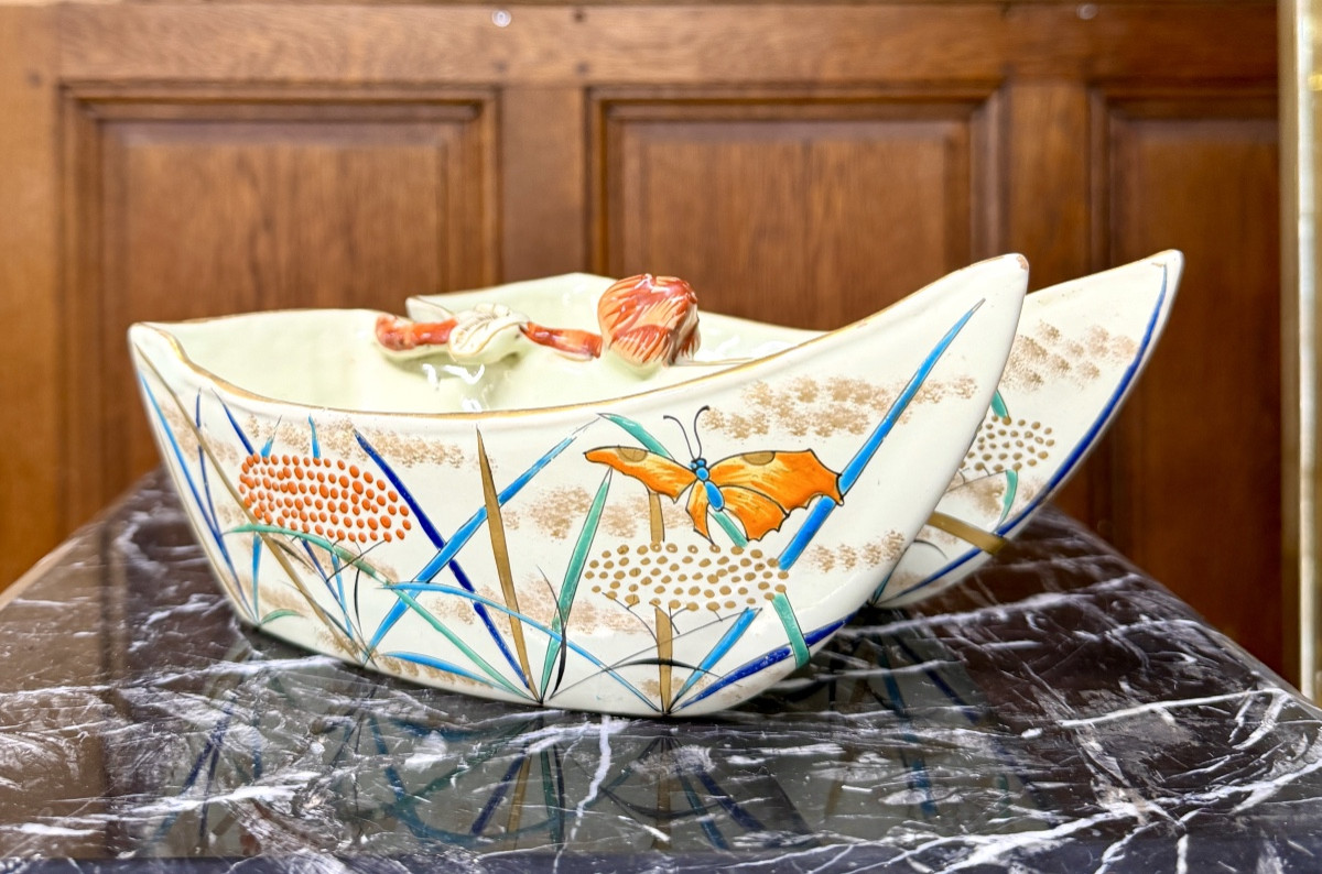 émile Gallé Earthenware, Double-compartment Jardinière Decorated With Butterflies. Art Nouveau-photo-4