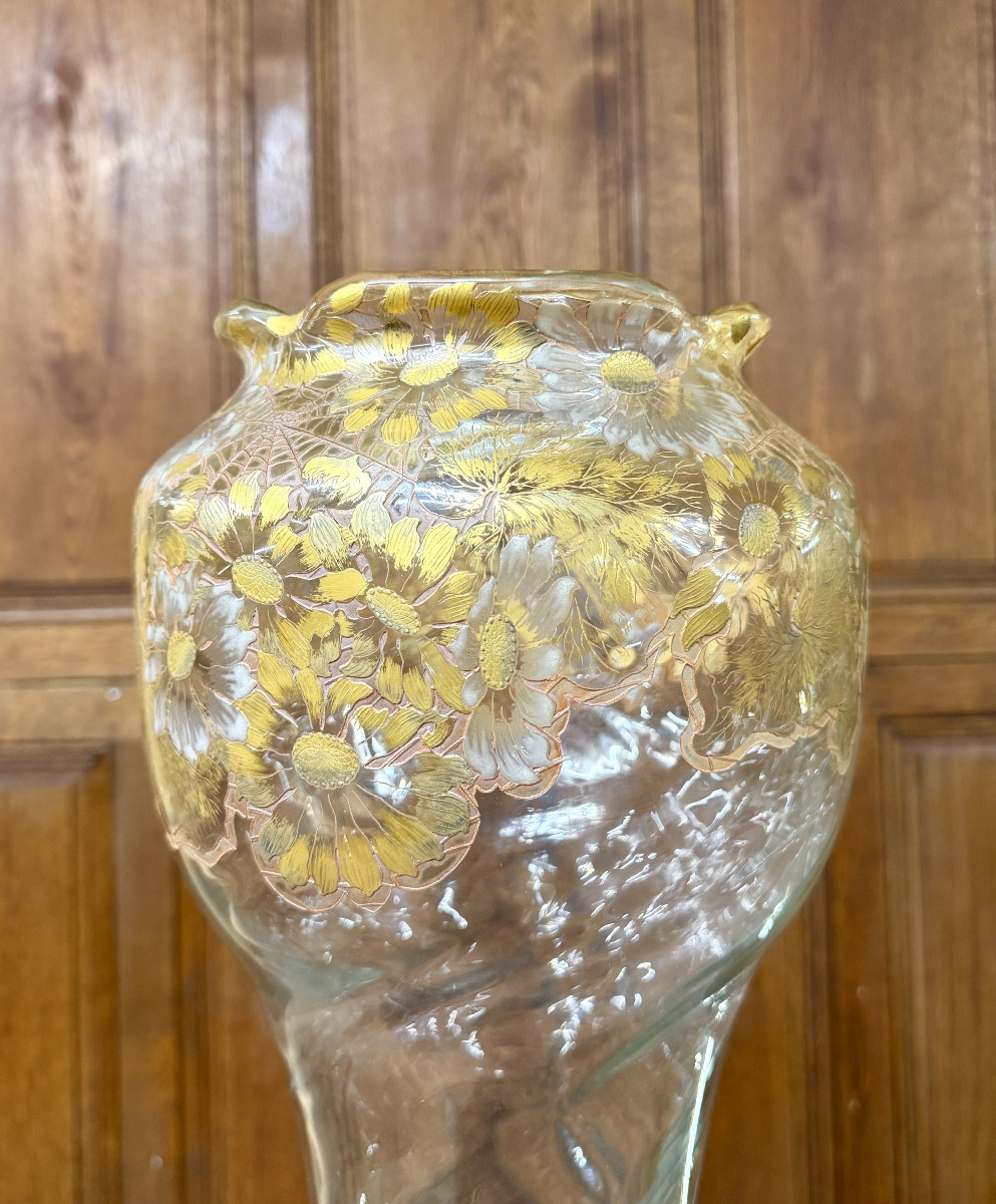 Emile Gallé Crystal Factory - Rare Art Nouveau Daisy Vase In Enameled And Gilded Glass. -photo-2