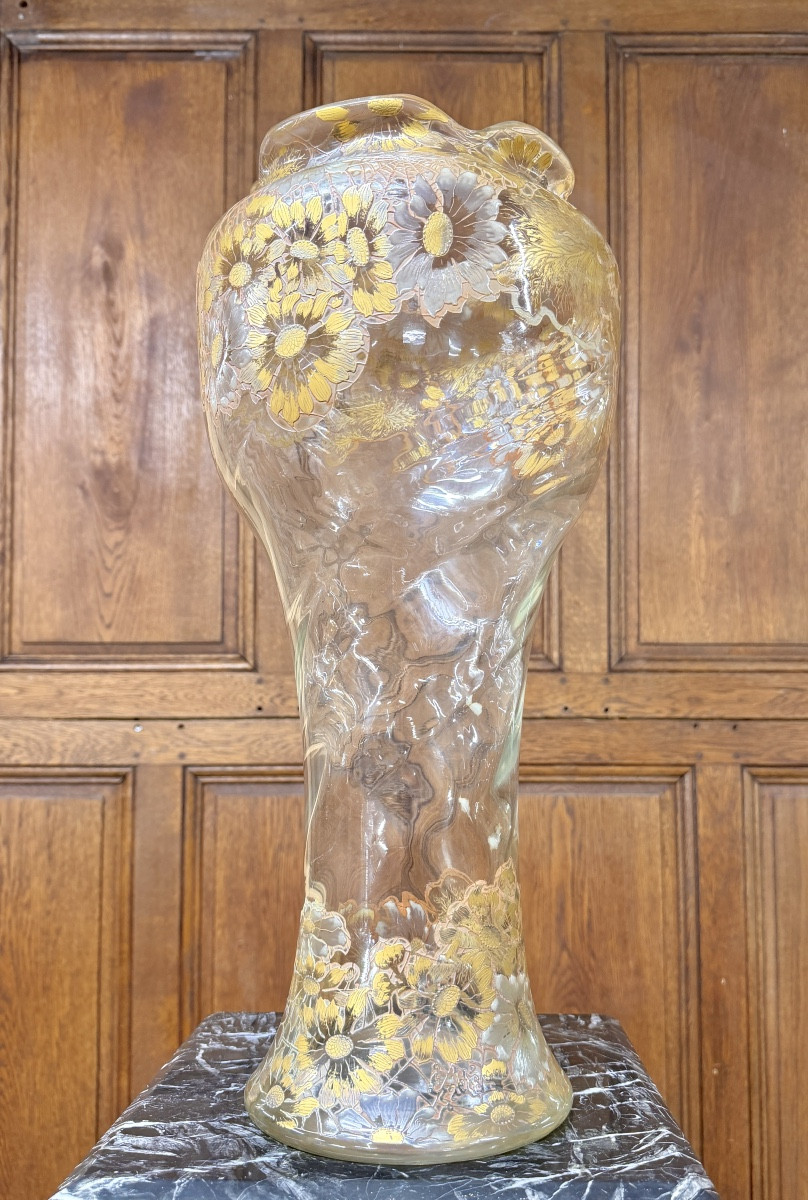 Emile Gallé Crystal Factory - Rare Art Nouveau Daisy Vase In Enameled And Gilded Glass. -photo-3