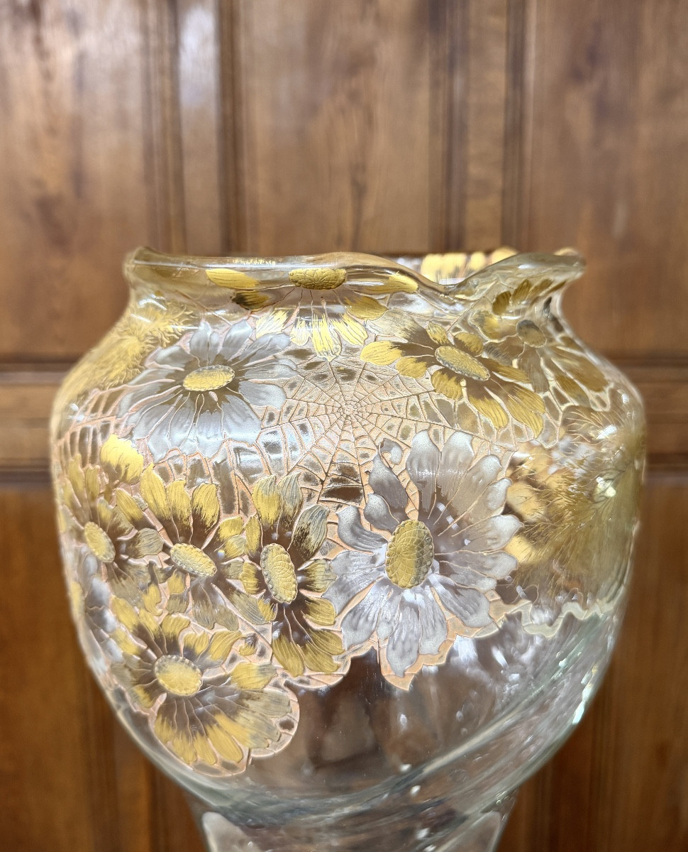 Emile Gallé Crystal Factory - Rare Art Nouveau Daisy Vase In Enameled And Gilded Glass. -photo-4
