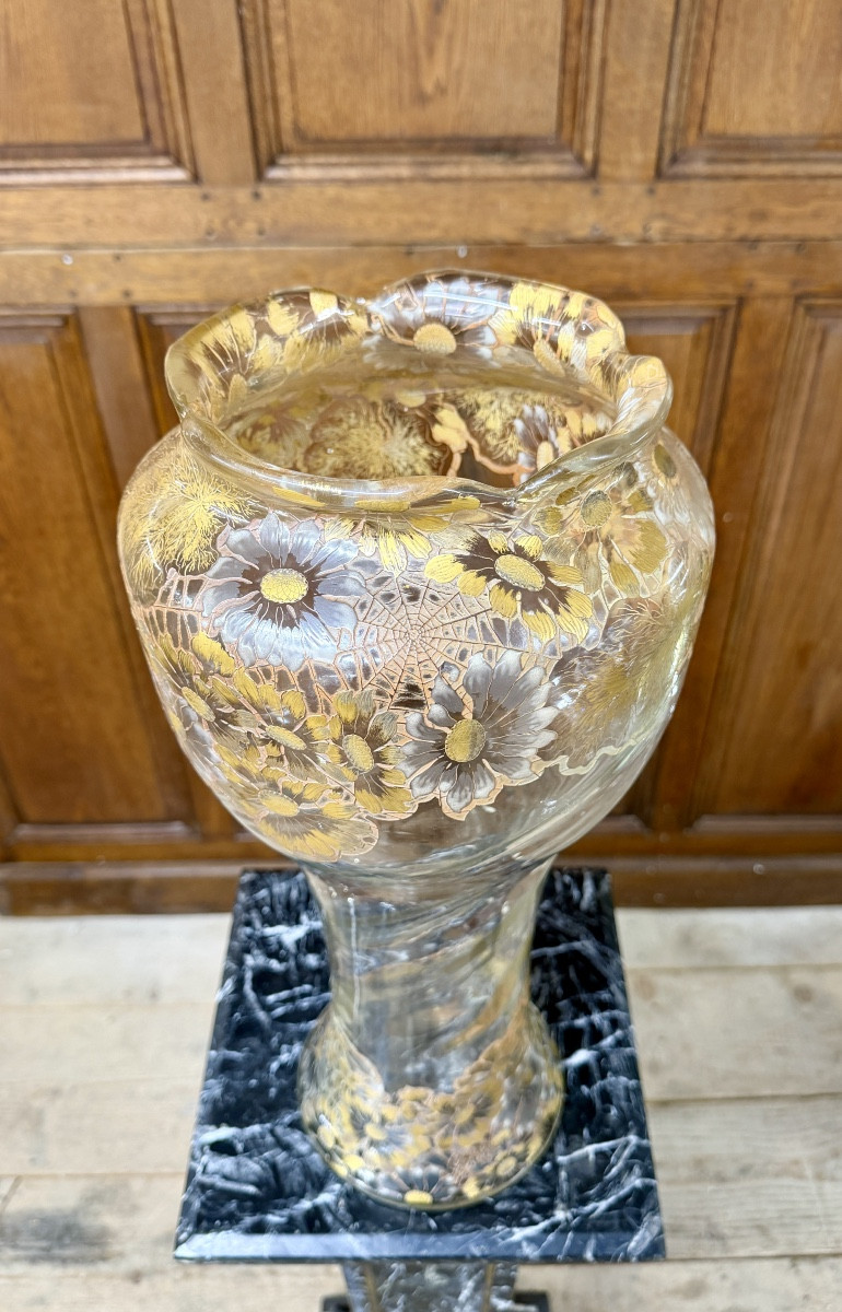 Emile Gallé Crystal Factory - Rare Art Nouveau Daisy Vase In Enameled And Gilded Glass. -photo-1