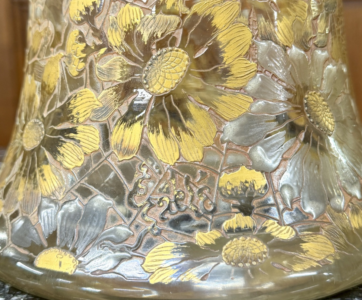 Emile Gallé Crystal Factory - Rare Art Nouveau Daisy Vase In Enameled And Gilded Glass. -photo-3