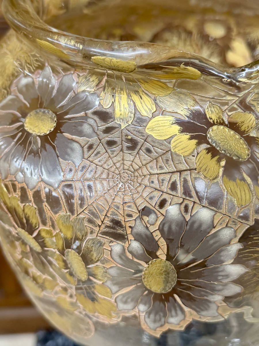 Emile Gallé Crystal Factory - Rare Art Nouveau Daisy Vase In Enameled And Gilded Glass. -photo-4