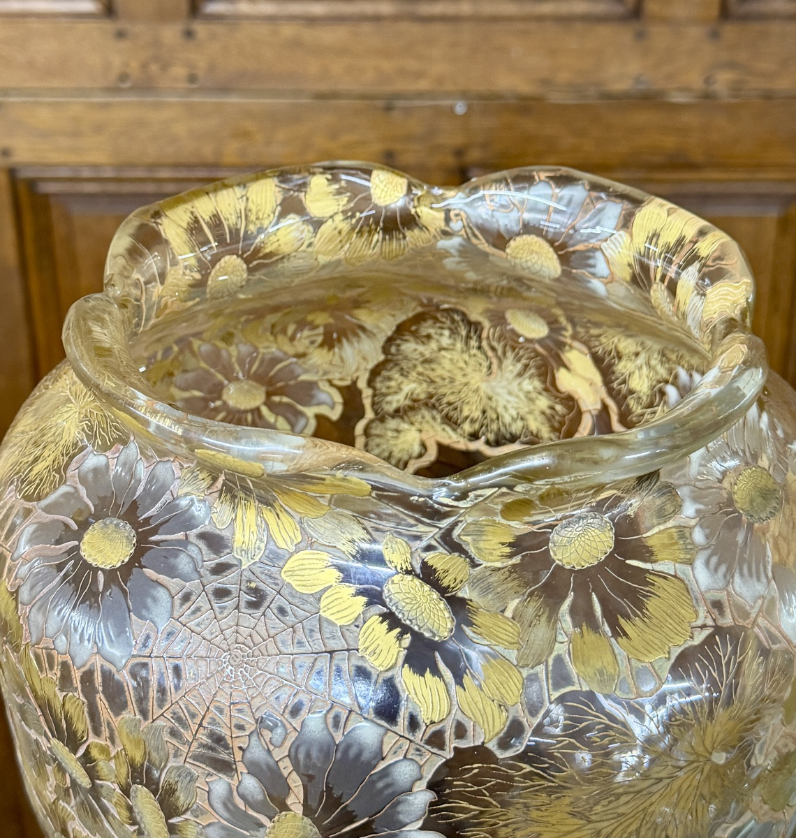 Emile Gallé Crystal Factory - Rare Art Nouveau Daisy Vase In Enameled And Gilded Glass. -photo-5