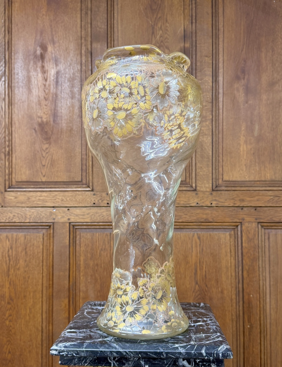 Emile Gallé Crystal Factory - Rare Art Nouveau Daisy Vase In Enameled And Gilded Glass. -photo-6