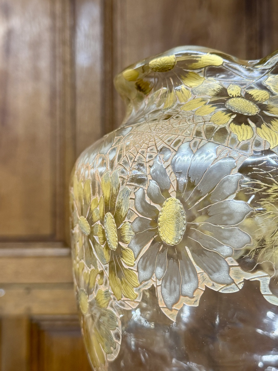 Emile Gallé Crystal Factory - Rare Art Nouveau Daisy Vase In Enameled And Gilded Glass. -photo-7