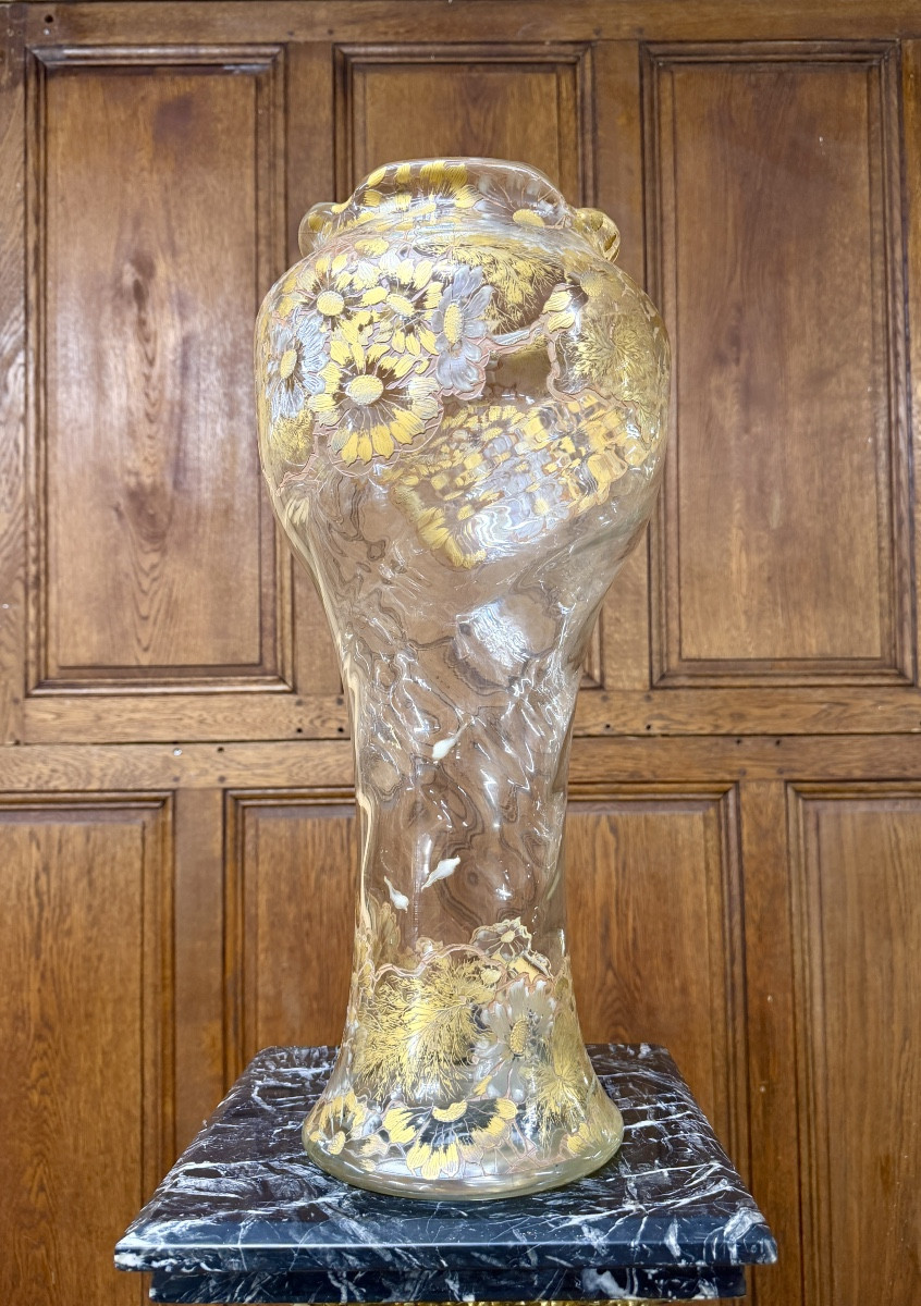 Emile Gallé Crystal Factory - Rare Art Nouveau Daisy Vase In Enameled And Gilded Glass. 