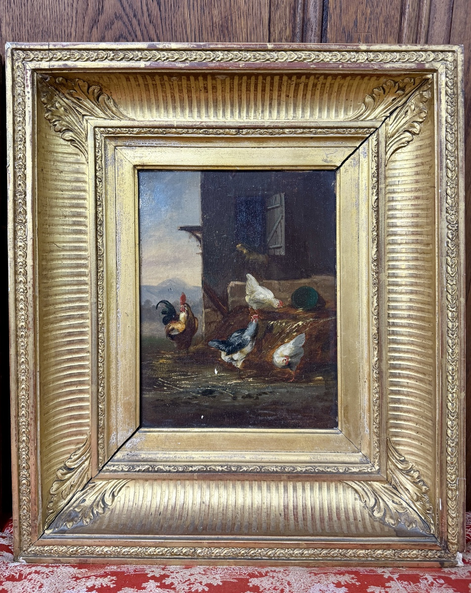 Pair Of 19th Century Oil Paintings On Panel Depicting Chickens On A Farm. -photo-3