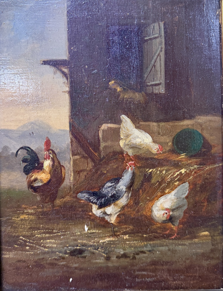 Pair Of 19th Century Oil Paintings On Panel Depicting Chickens On A Farm. -photo-4