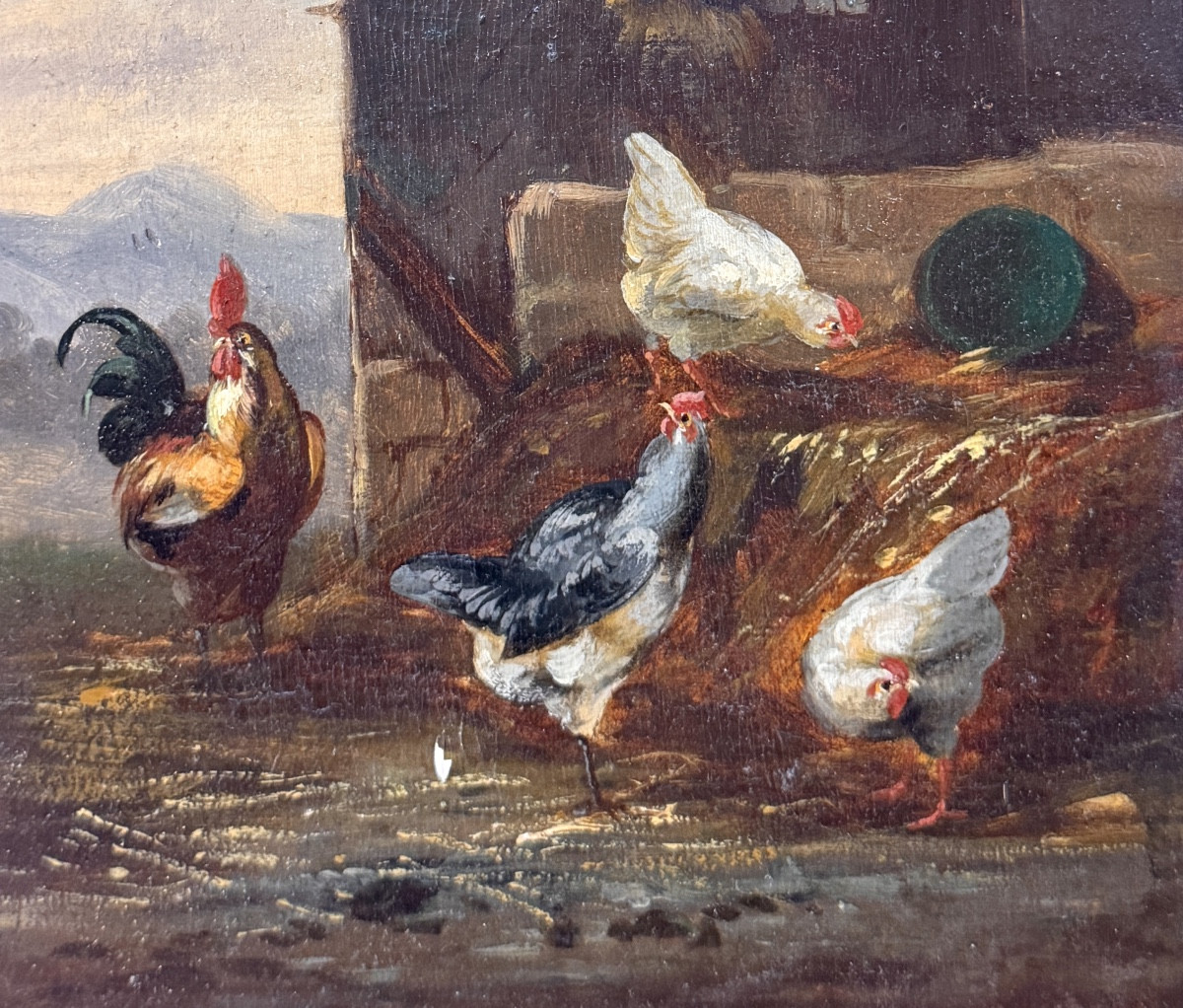 Pair Of 19th Century Oil Paintings On Panel Depicting Chickens On A Farm. -photo-3