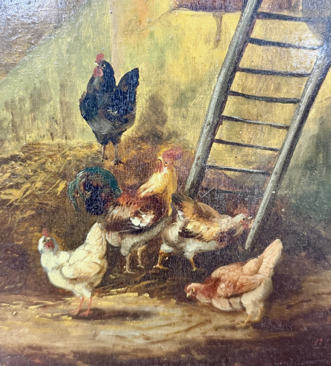 Pair Of 19th Century Oil Paintings On Panel Depicting Chickens On A Farm. -photo-4