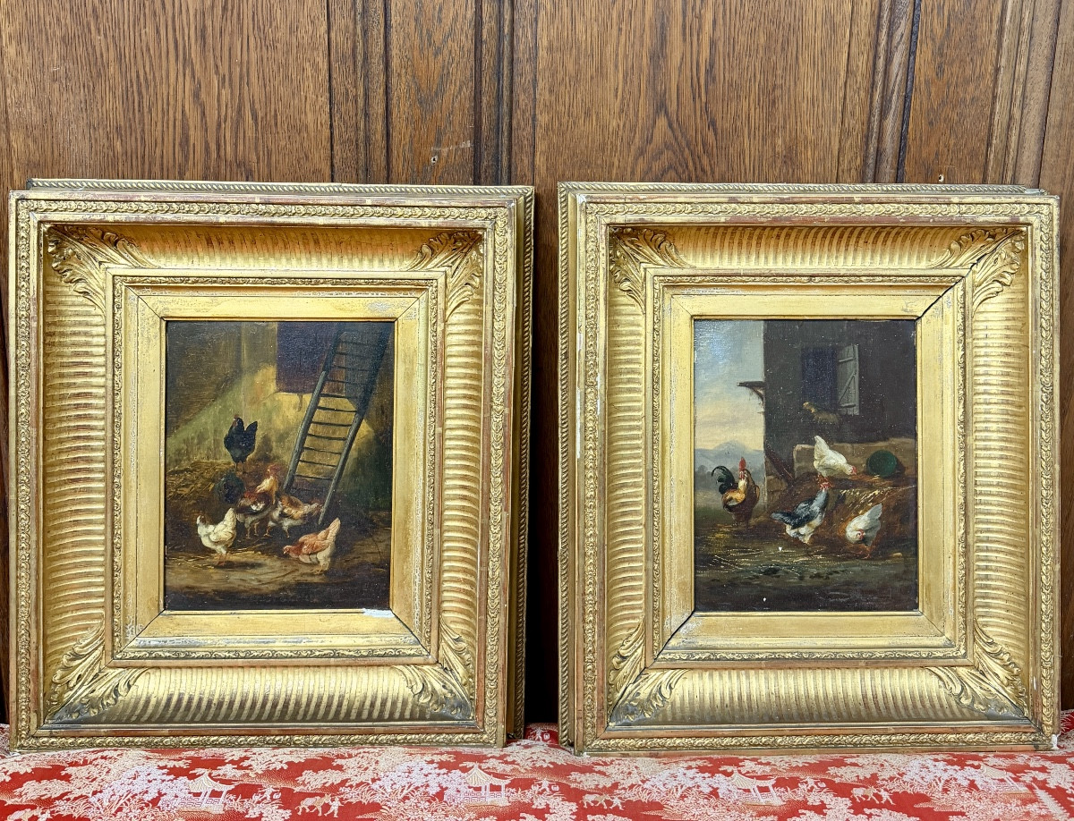 Pair Of 19th Century Oil Paintings On Panel Depicting Chickens On A Farm. 