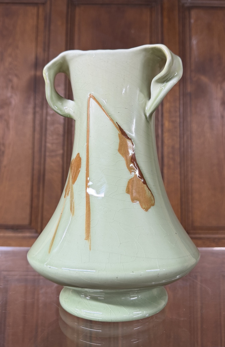 Clement Massier Golf Juan - Paire de vases en céramique à décor de feuilles. Art Nouveau -photo-4