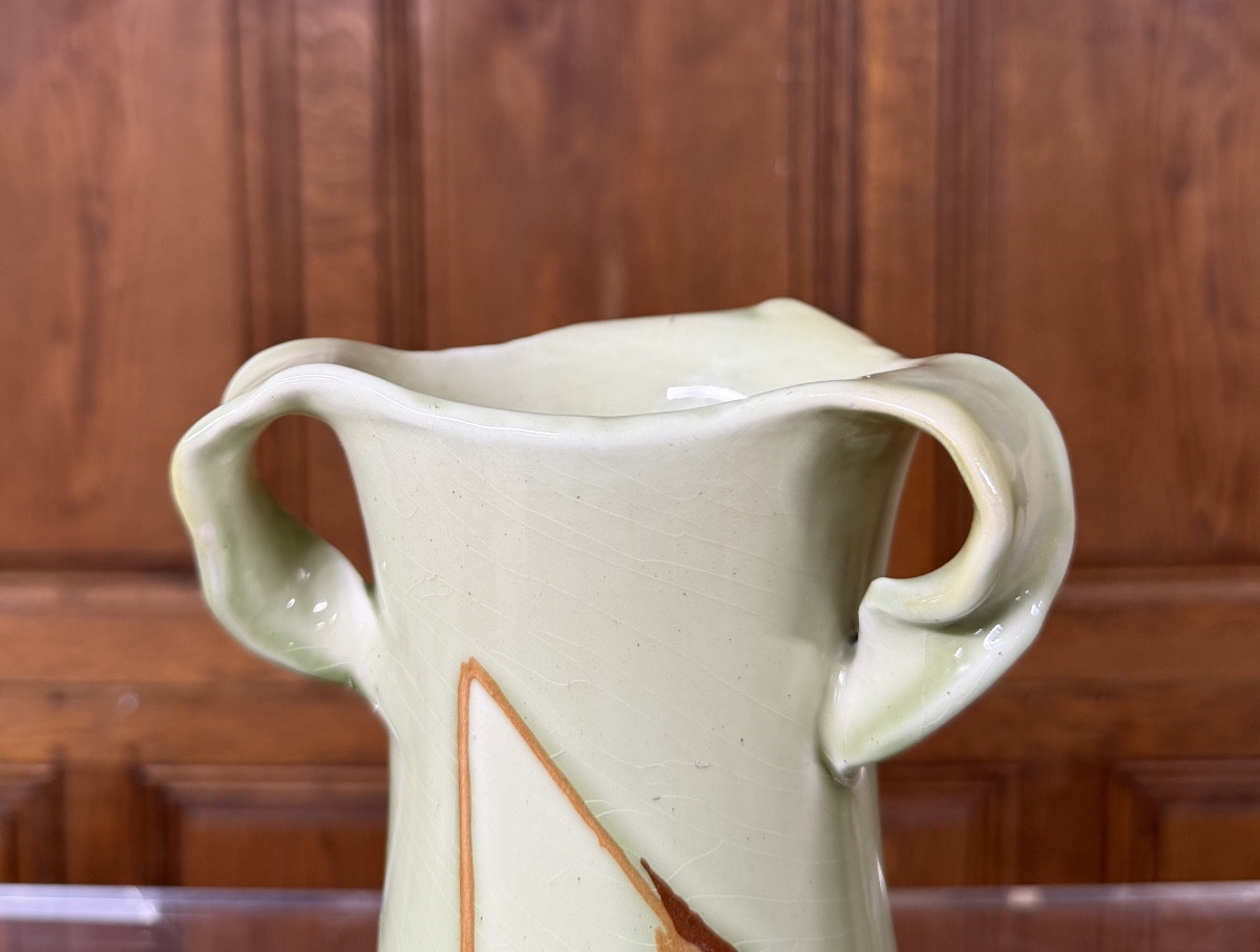 Clement Massier Golf Juan - Paire de vases en céramique à décor de feuilles. Art Nouveau -photo-1