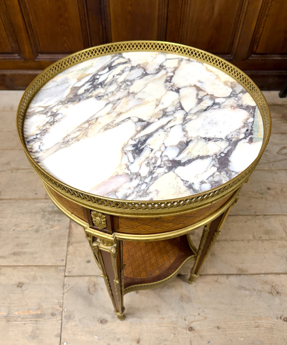 Henry Dasson - Napoleon III Period Marquetry Pedestal Table-photo-4