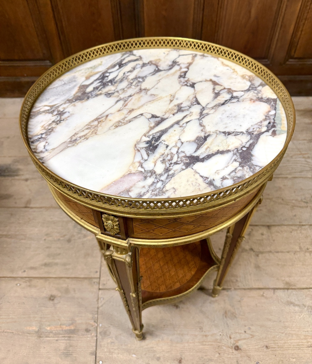 Henry Dasson - Napoleon III Period Marquetry Pedestal Table-photo-1