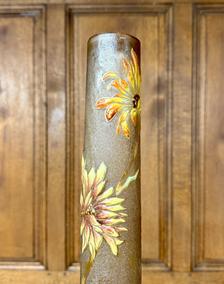 Cristallerie Emile Gallé - Vase aux chrysanthème En Verre émaillé Et Doré d'époque Art Nouveau -photo-2