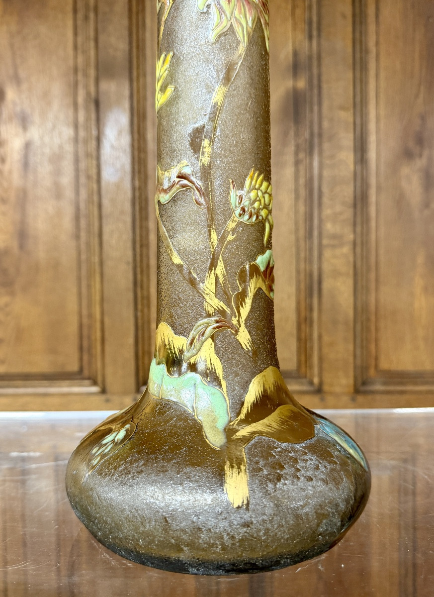 Cristallerie Emile Gallé - Vase aux chrysanthème En Verre émaillé Et Doré d'époque Art Nouveau -photo-3