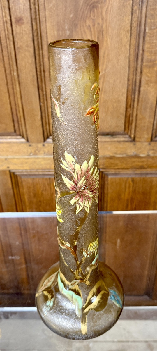 Cristallerie Emile Gallé - Vase aux chrysanthème En Verre émaillé Et Doré d'époque Art Nouveau -photo-1
