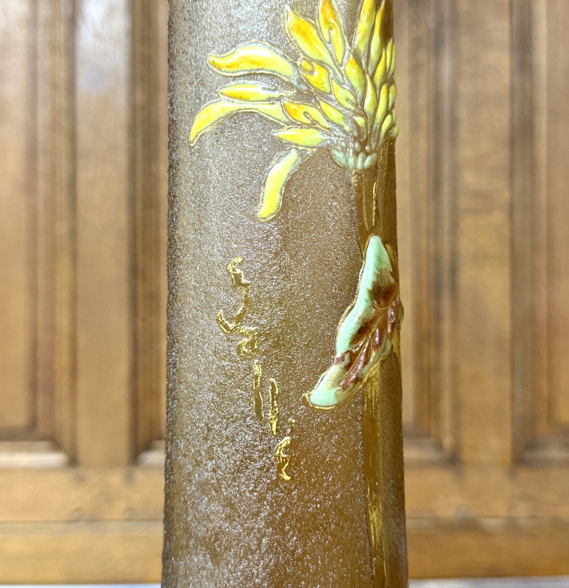 Cristallerie Emile Gallé - Vase aux chrysanthème En Verre émaillé Et Doré d'époque Art Nouveau -photo-2