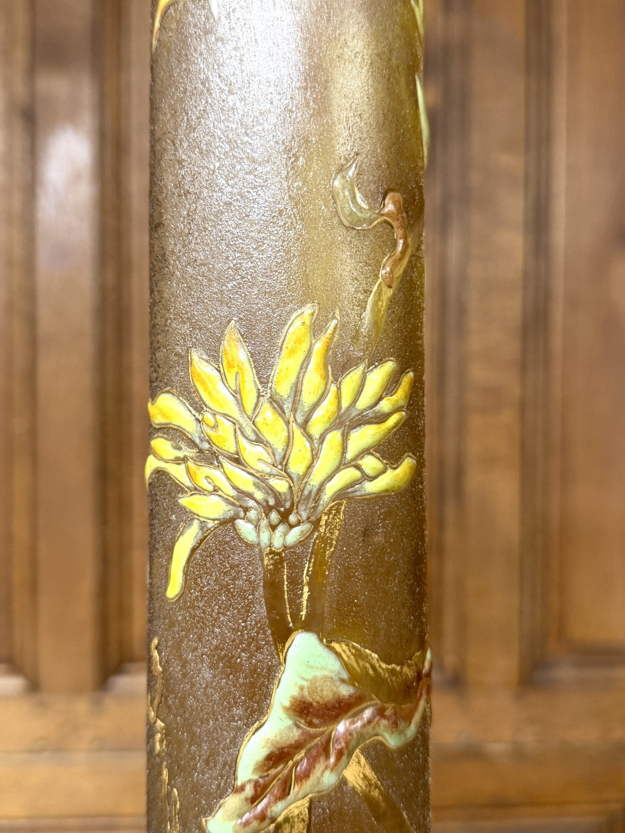 Cristallerie Emile Gallé - Vase aux chrysanthème En Verre émaillé Et Doré d'époque Art Nouveau -photo-3