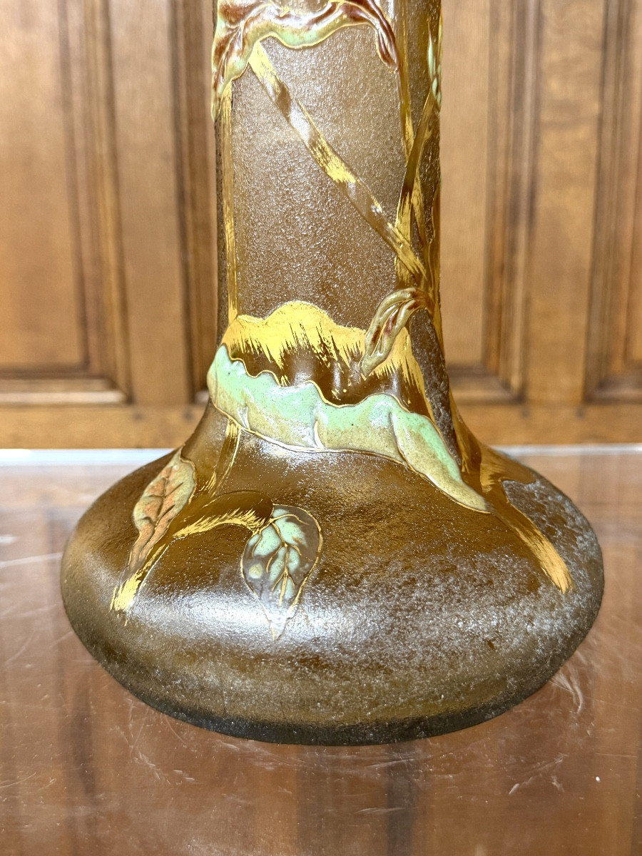 Cristallerie Emile Gallé - Vase aux chrysanthème En Verre émaillé Et Doré d'époque Art Nouveau -photo-4
