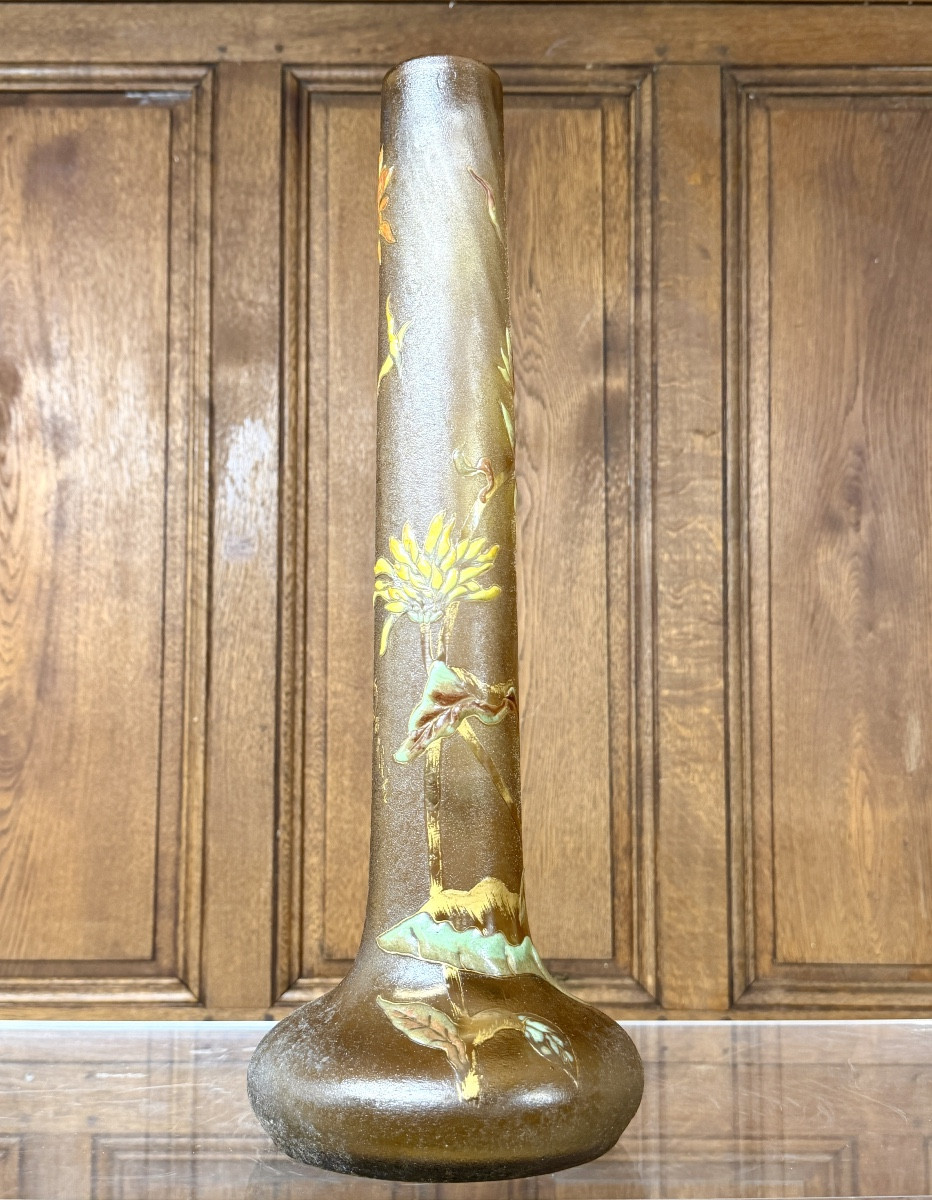 Cristallerie Emile Gallé - Vase aux chrysanthème En Verre émaillé Et Doré d'époque Art Nouveau -photo-5