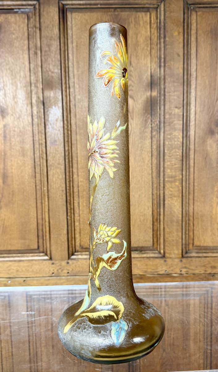 Cristallerie Emile Gallé - Vase aux chrysanthème En Verre émaillé Et Doré d'époque Art Nouveau 