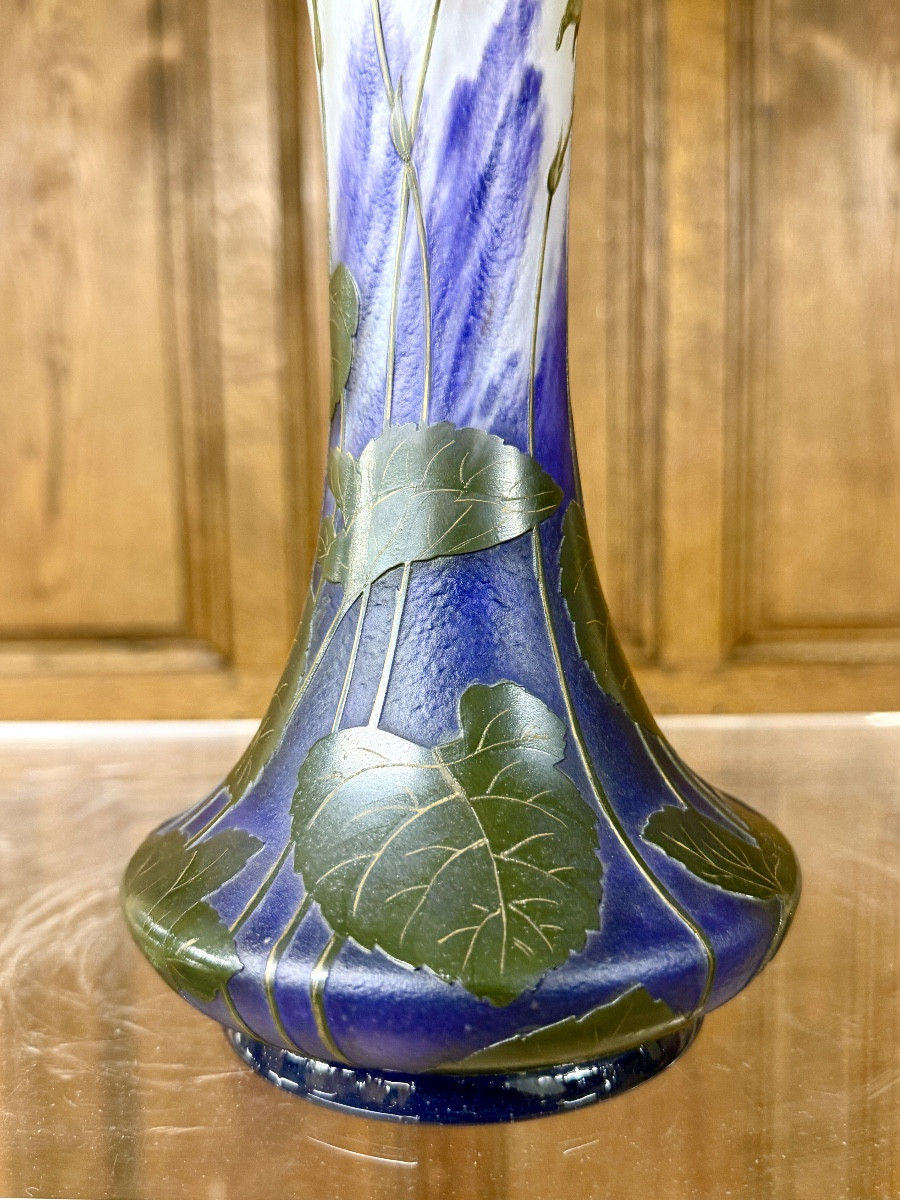 Daum Nancy - rare vase de forme diabolo aux violettes. Époque Art Nouveau-photo-2