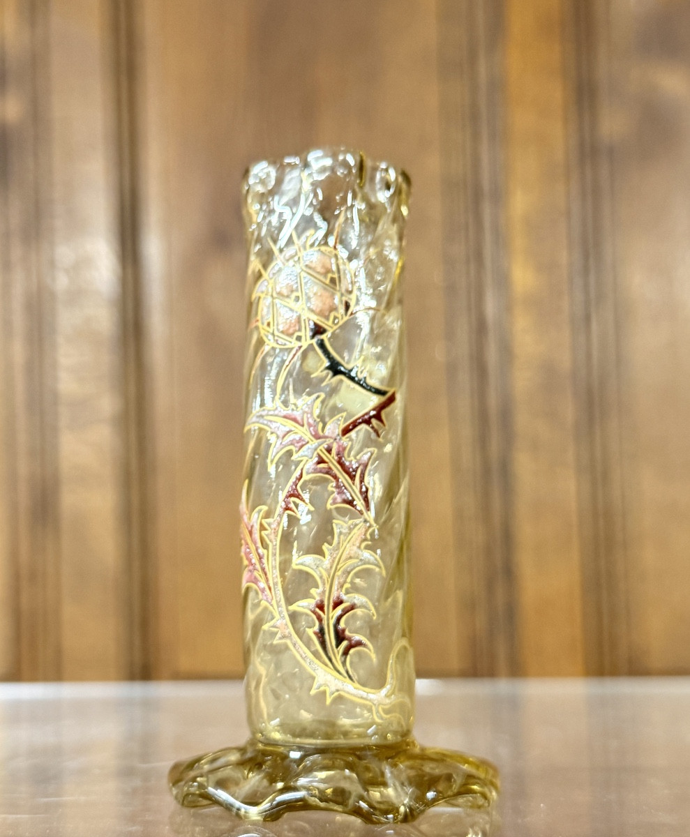 Emile Gallé - Small Enamelled Glass Vase With Thistle Decoration, Art Nouveau Period-photo-3