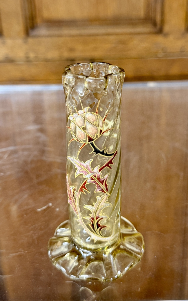 Emile Gallé - Small Enamelled Glass Vase With Thistle Decoration, Art Nouveau Period-photo-4