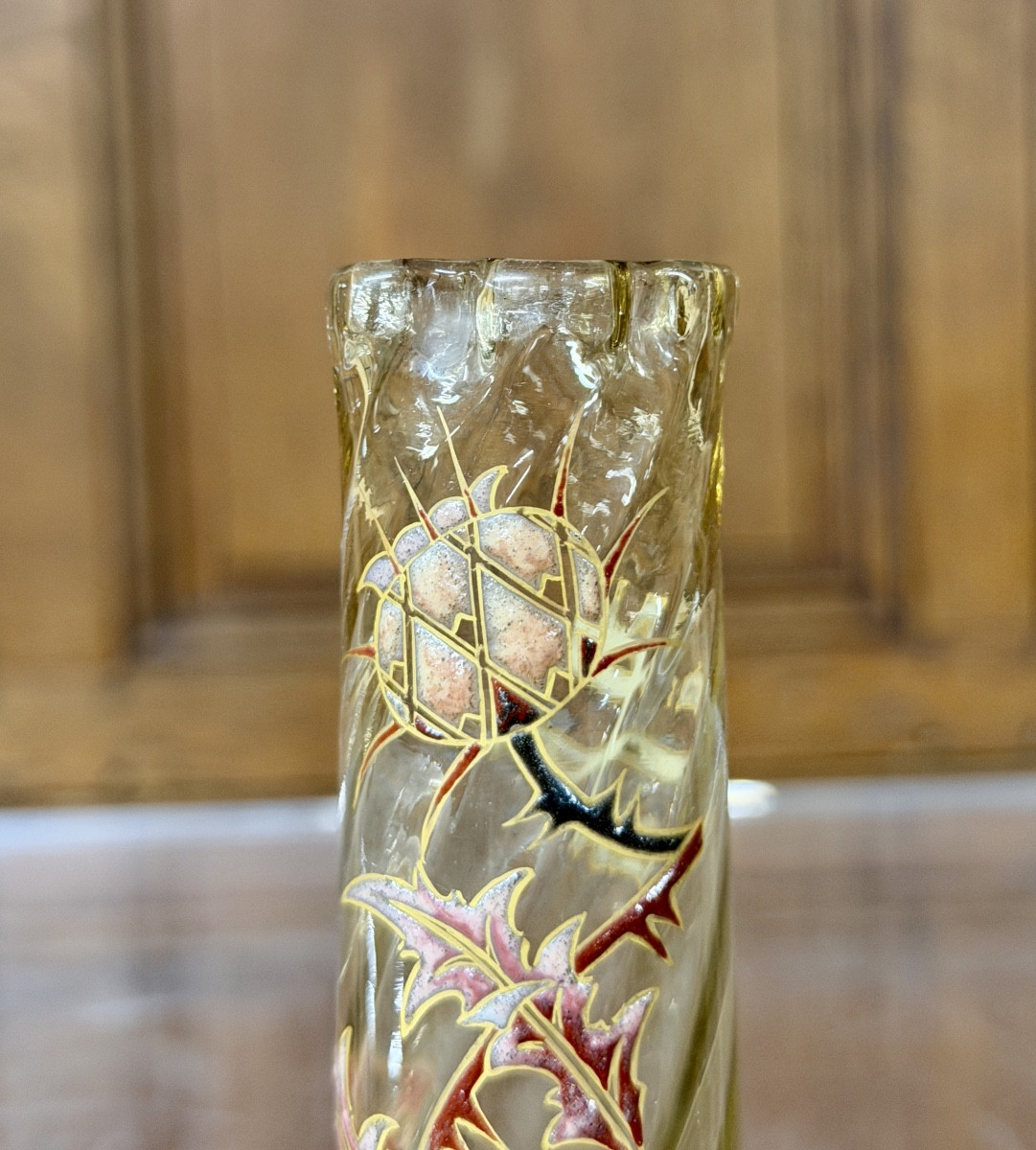 Emile Gallé - Small Enamelled Glass Vase With Thistle Decoration, Art Nouveau Period-photo-1