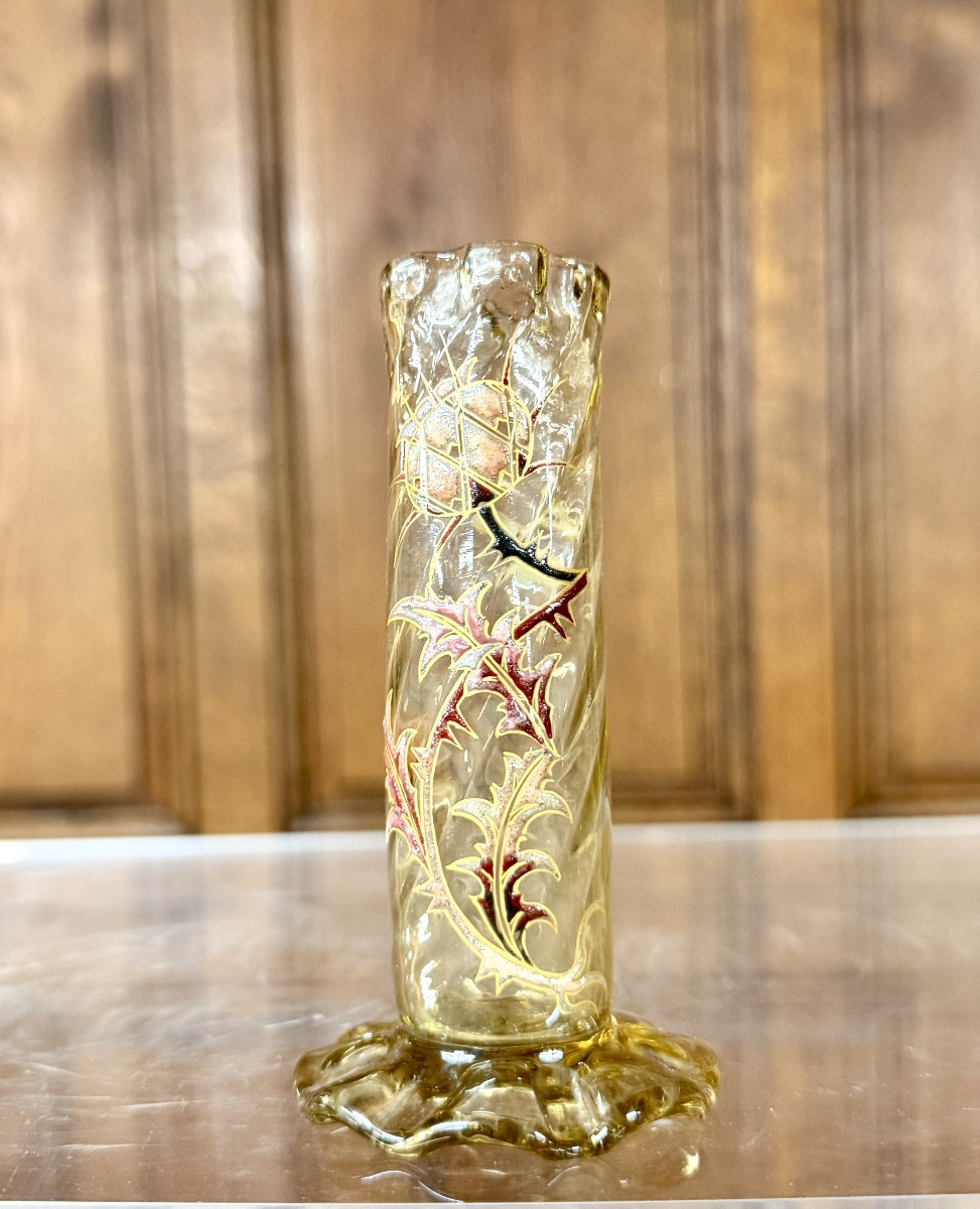 Emile Gallé - Small Enamelled Glass Vase With Thistle Decoration, Art Nouveau Period
