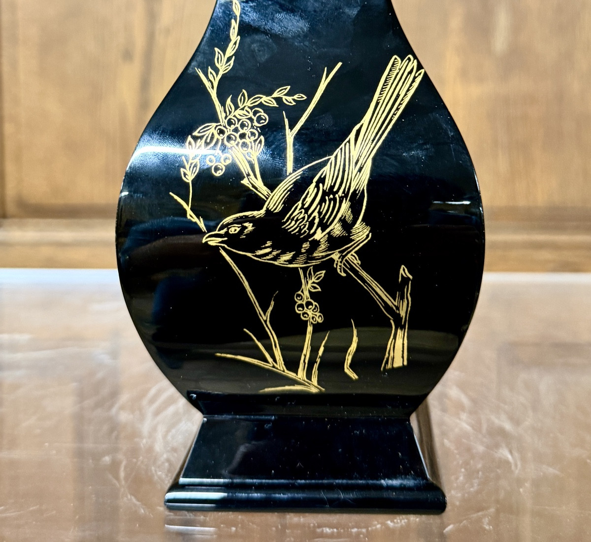Baccarat - Black Japanese Glass Vase Decorated With Gilded Birds. Circa 1970-photo-1