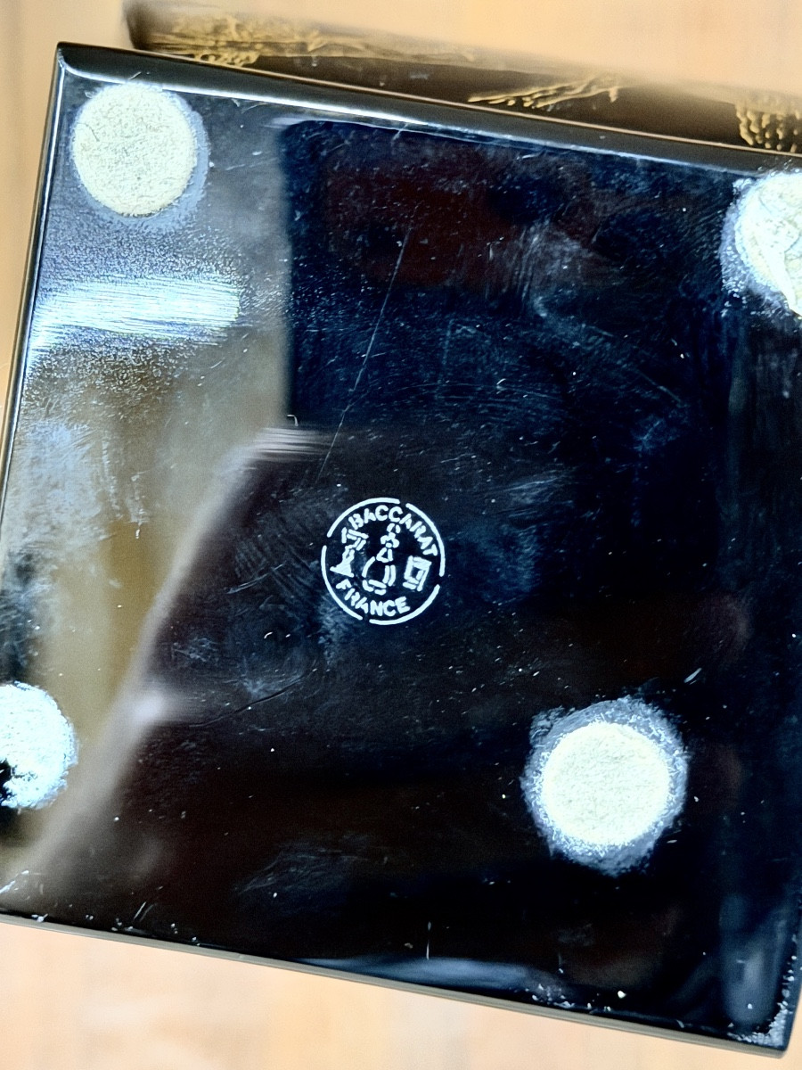 Baccarat - Black Japanese Glass Vase Decorated With Gilded Birds. Circa 1970-photo-5