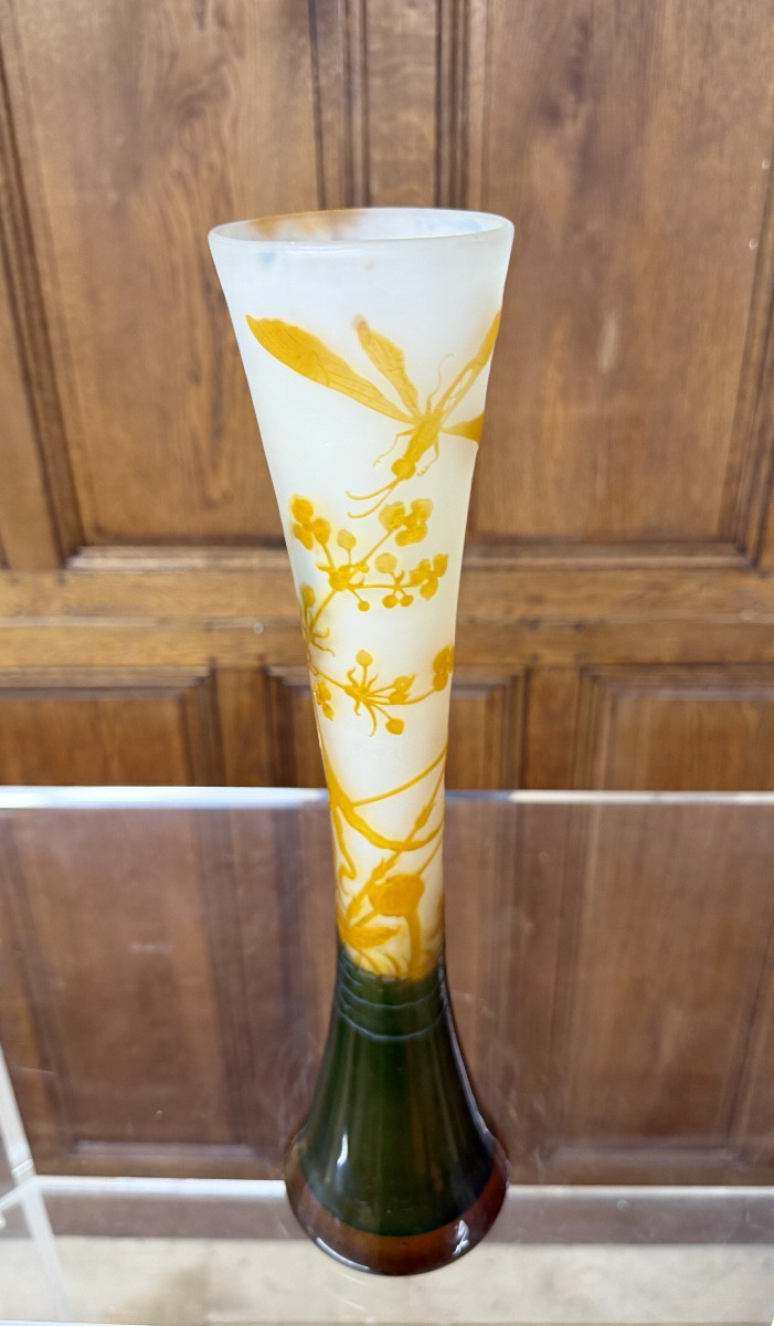 émile Gallé - Beautiful Diabolo Vase With Dragonfly. Art Nouveau Period-photo-4