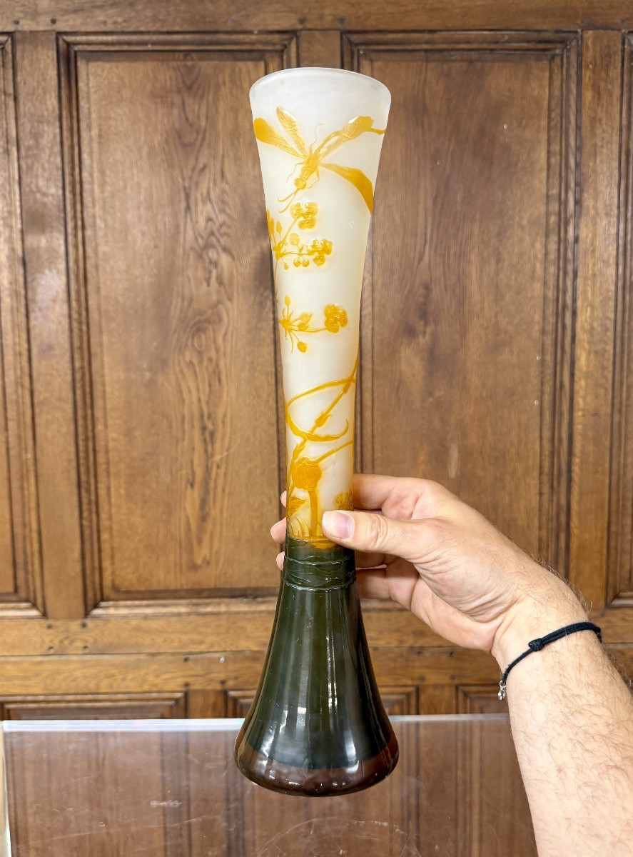 émile Gallé - Beautiful Diabolo Vase With Dragonfly. Art Nouveau Period-photo-7