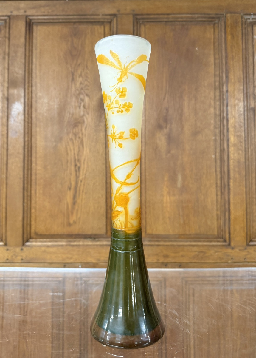 émile Gallé - Beautiful Diabolo Vase With Dragonfly. Art Nouveau Period